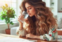 یک دختر ایرانی با موهای زیبا و موجدار در حال نوشیدن آب هنگام صبح و ناشتا است